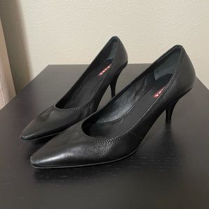 Prada point toe black leather pump